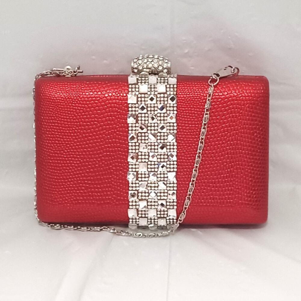 Bella Collection Red Evening Clutch Bag Rhinestone Hard Shell Purse Crossbody